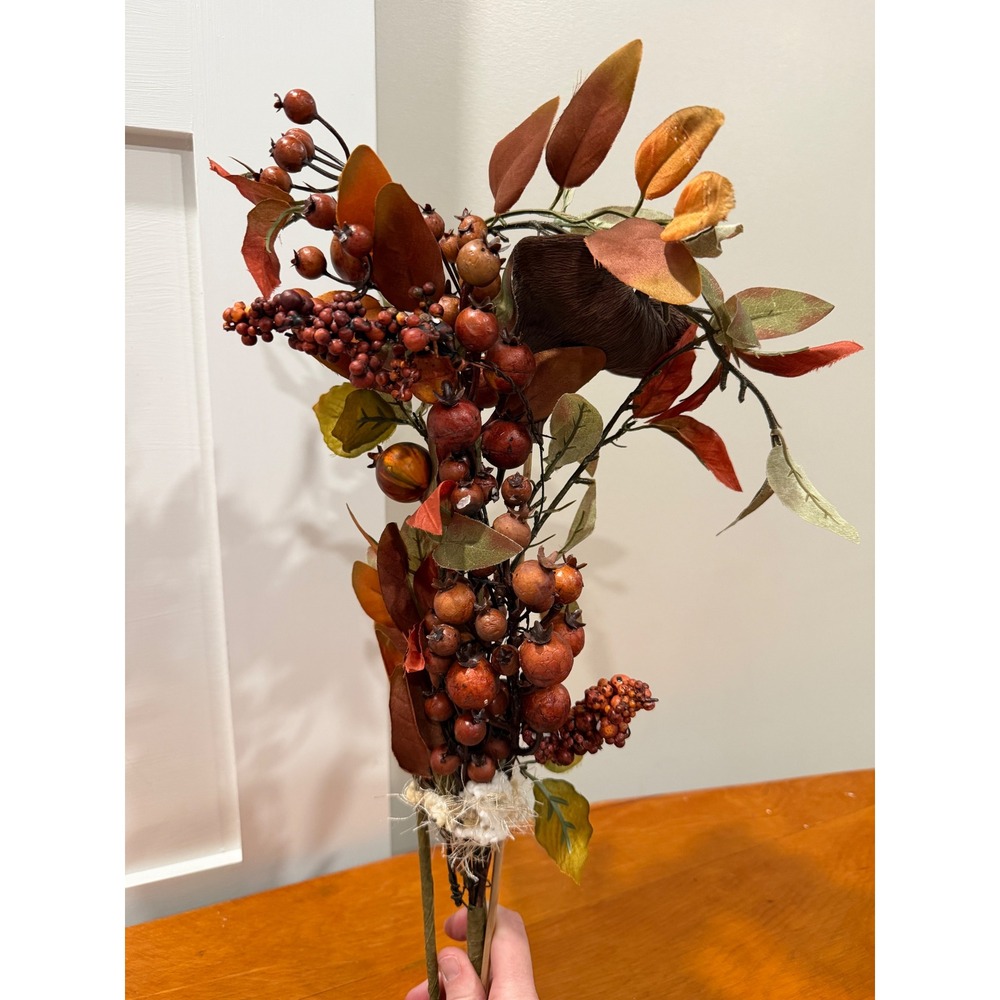 Faux Autumn Berry Leaf Floral Pick Bundle Rustic Fall Decor 20 Inch Orange Brown